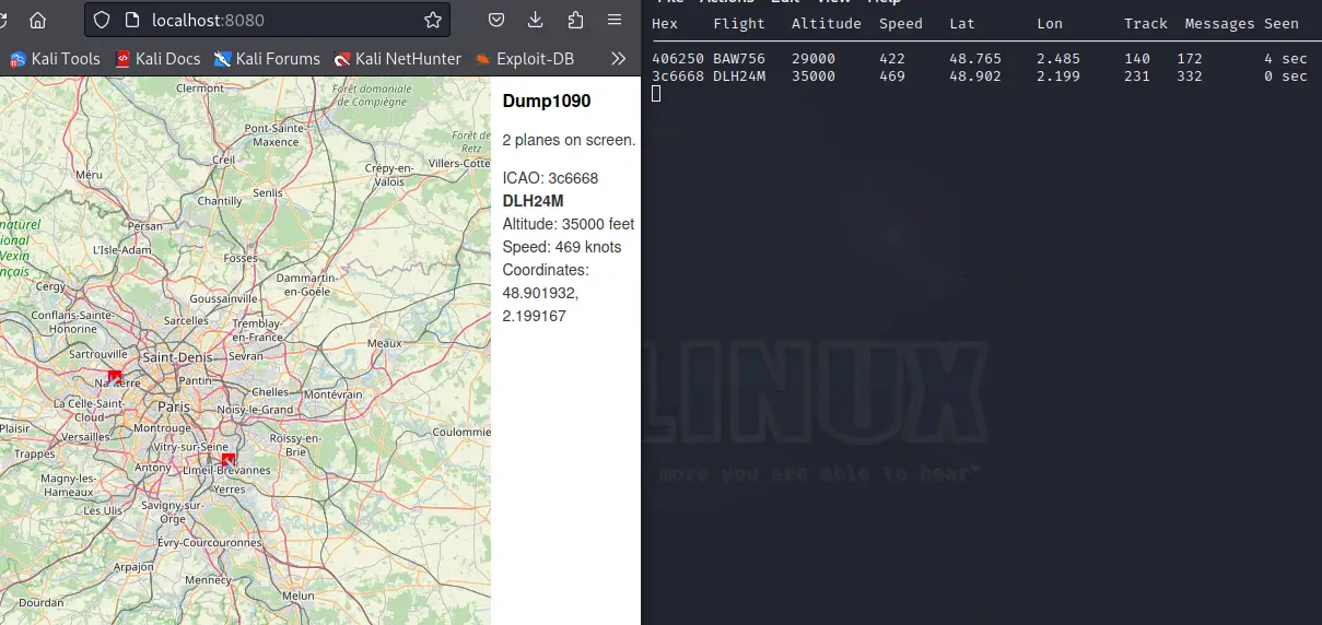 Visualisation des avions captés avec dump1090